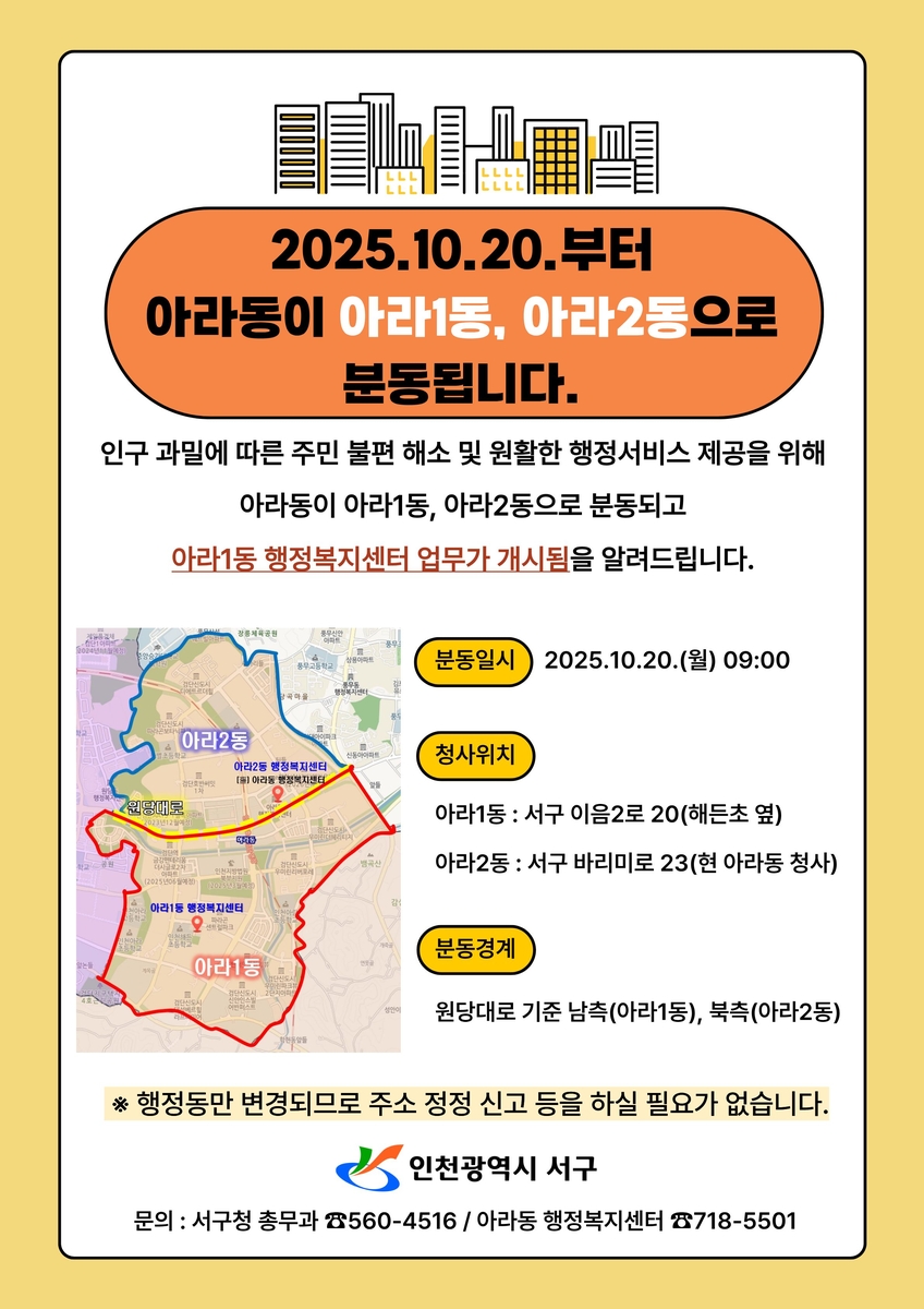 인천 서구 아라동, 10월 20일 아라1동·아라2동으로 분동