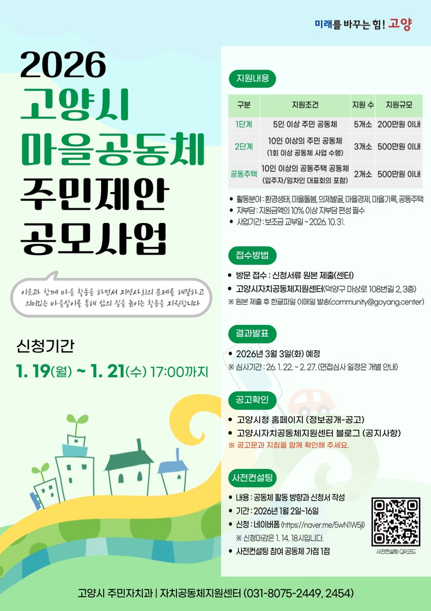 고양시, '2026년 마을공동체 주민제안 공모사업' 참여 공동체 모집