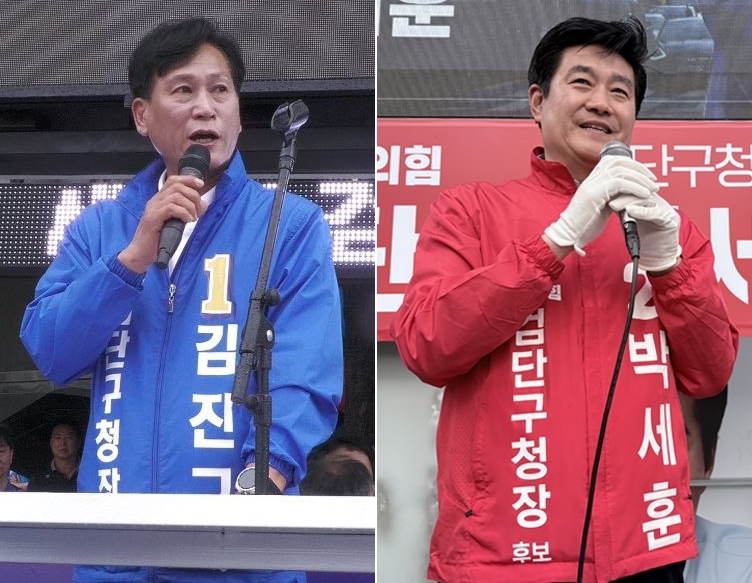 인천 검단구청장 선거 유세하는 민주당 김진규(왼쪽)·국민의힘 박세훈 후보