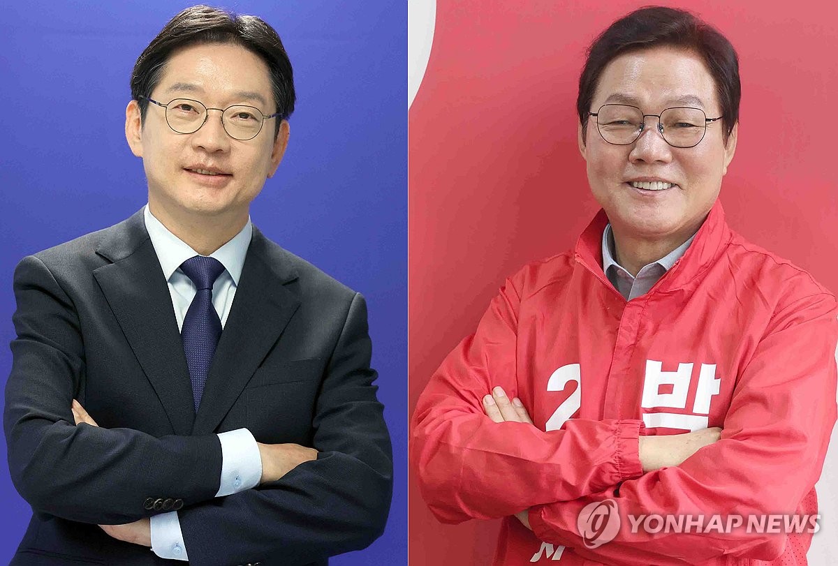 왼쪽부터 김경수 민주당 경남지사 후보, 박완수 국민의힘 경남지사 후보