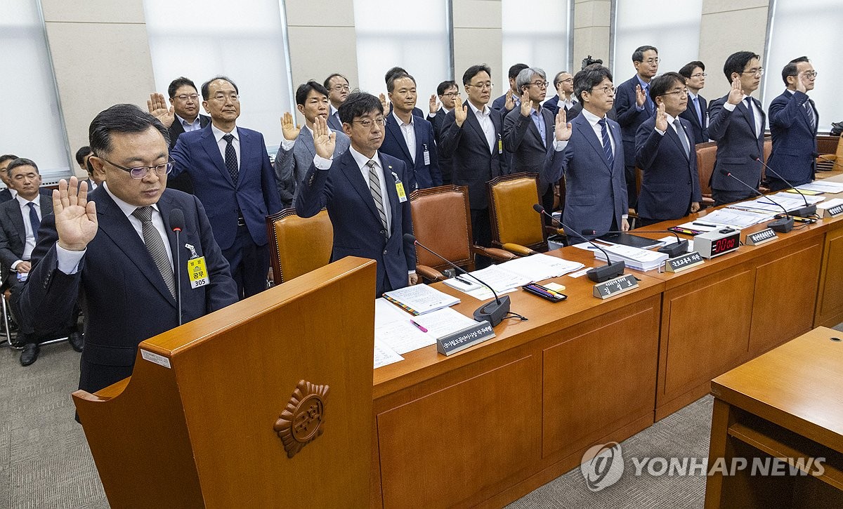 국회 행안위에서 증인 선서하는 GTX 철근누락-감사의 정원 관련 증인들