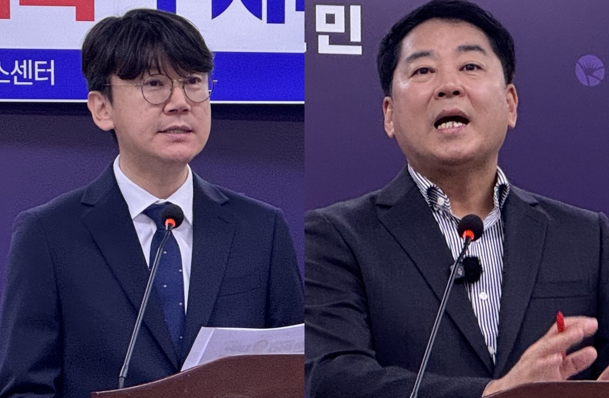 왼쪽부터 김 후보 캠프 김명섭 대변인, 박 후보 캠프 유해남 수석대변인