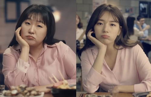 개그우먼 이수지(왼쪽)와 배우 수지가 각각 출연한 소주 광고