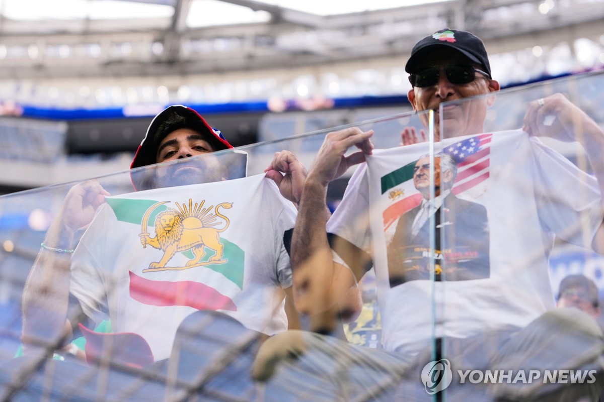 '사자와 태양' 문양이 새겨진 티셔츠를 입은 월드컵 관람객