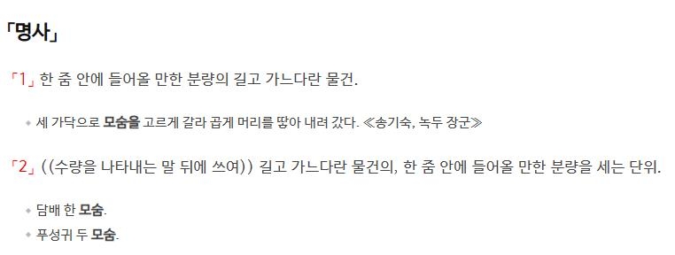 사전의 '모숨' 정의