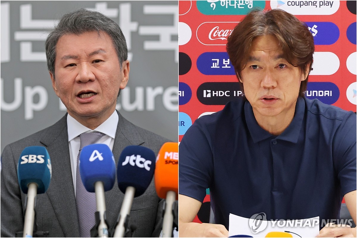 정몽규 전 대한축구협회장(왼쪽)과 홍명보 전 축구대표팀 감독