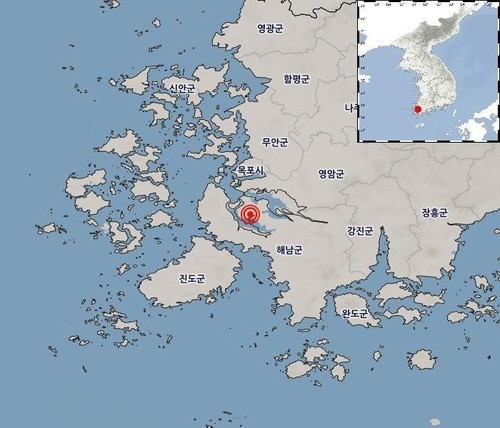 23일 오전 6시 43분께 규모 3.1 지진이 발생한 전남광주 해남 서북서쪽 21㎞ 지점. 