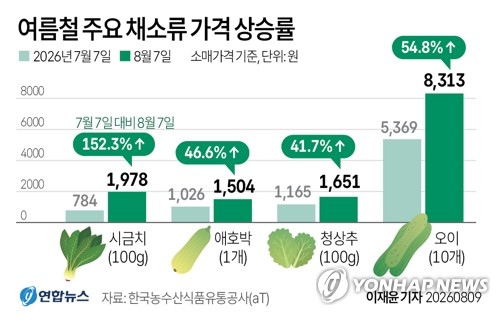 [그래픽] 여름철 주요 채소류 가격 상승률