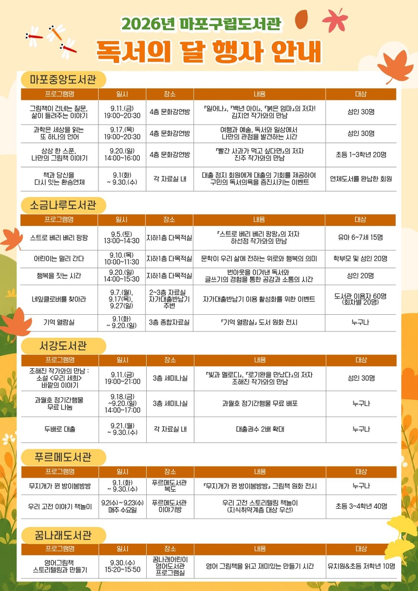 책 읽는 9월, 마포구립도서관이 다채롭게 채운다