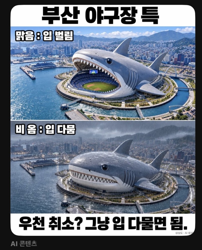 SNS에서 확산하고 있는 상어 돔구장 AI 이미지