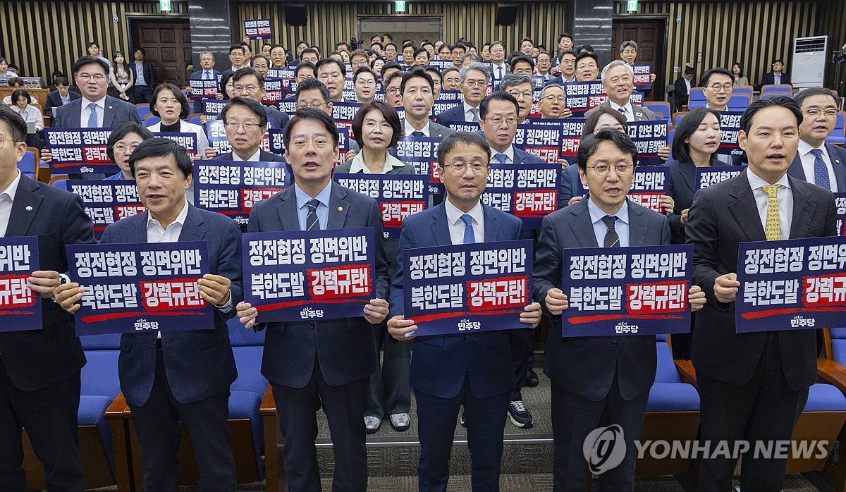 DMZ 지뢰 폭발 사고, 정전협정 위반 규탄 구호 외치는 민주당